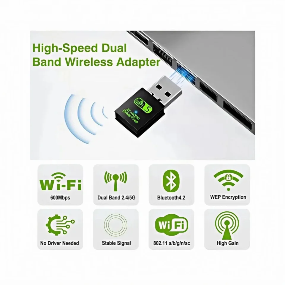 محول USB واي فاي + بلوتوث ثنائي النطاق Dural Band AC600