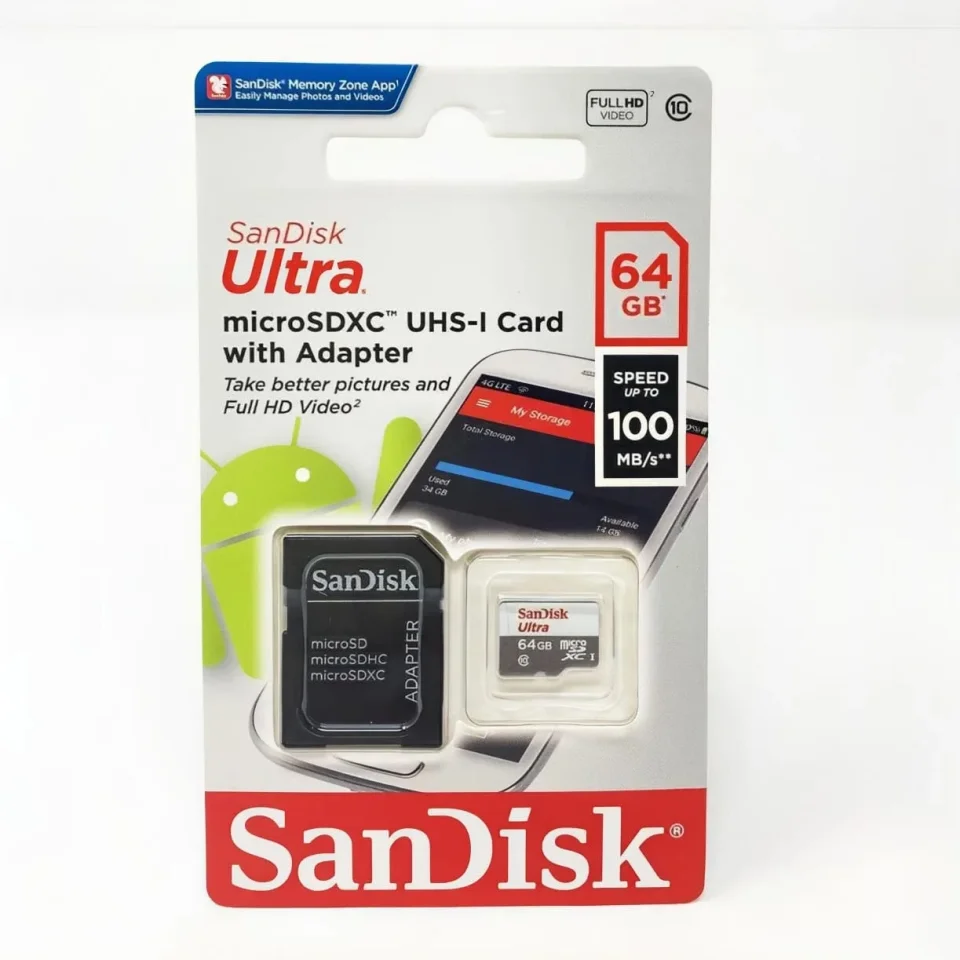 بطاقة ذاكرة SanDisk Ultra 64GB microSDXC – 100 ميجابايت/ثانية، Class 10