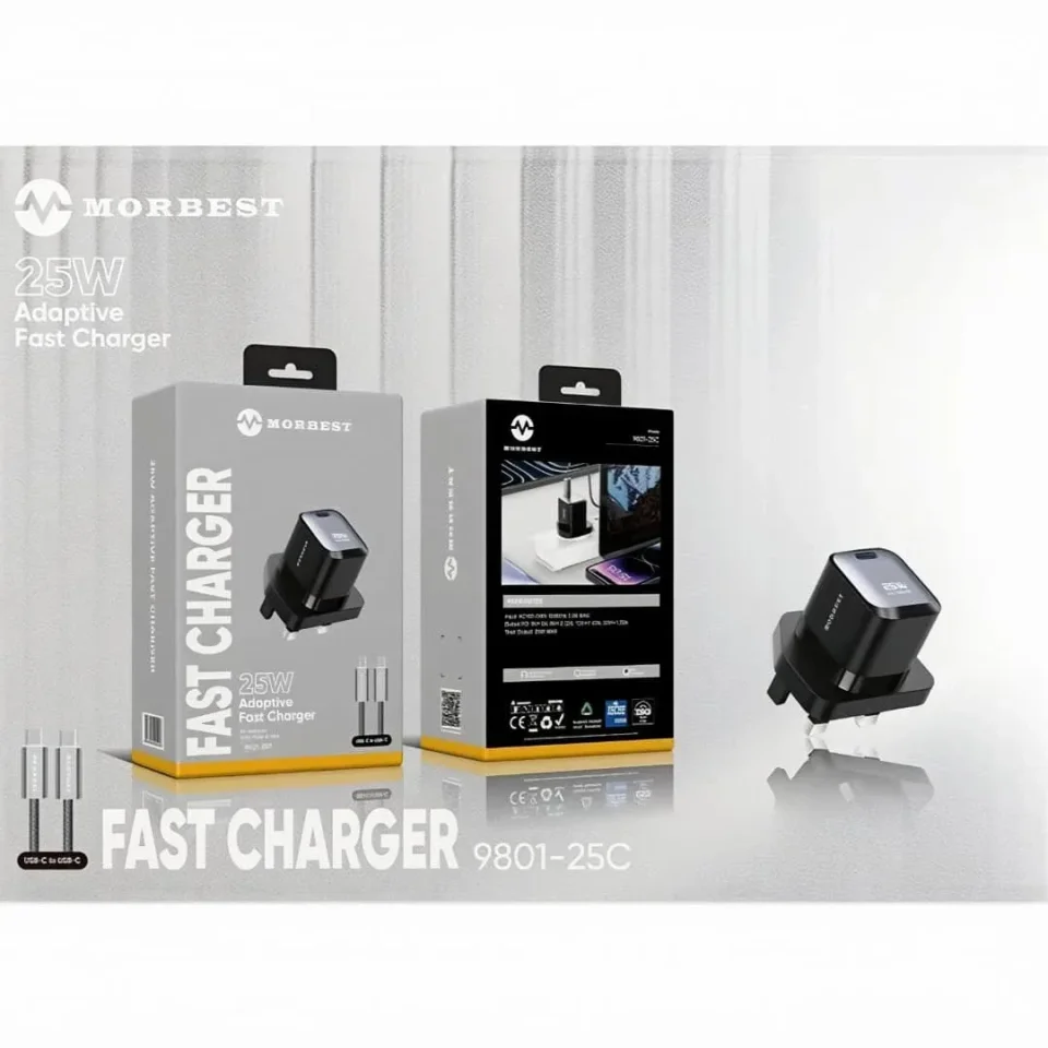 شاحن سريع 25 واط MORBEST موديل 9801-25C بمنفذ Type-C مع كابل USB-C
