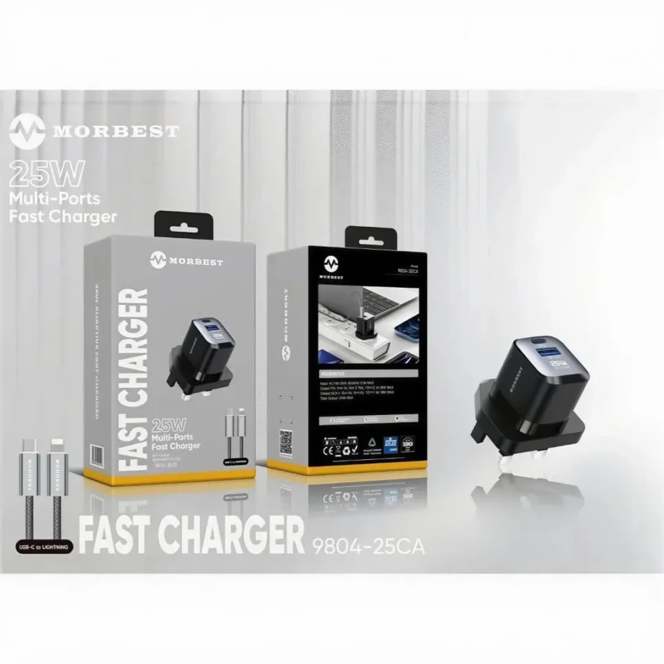 شاحن سريع متعدد المنافذ 25 واط MORBEST موديل 9804-25CA بمنفذي USB-A و USB-C