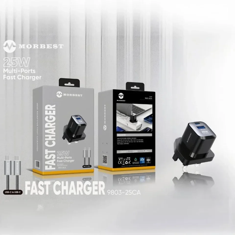 شاحن سريع متعدد المنافذ 25 واط MORBEST موديل 9803-25CA مع كابل USB-C