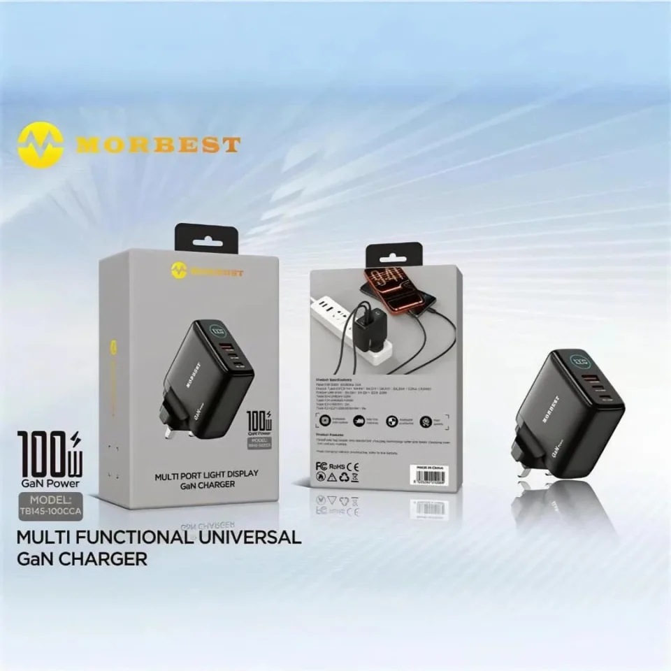 شاحن سريع متعدد المنافذ 100 واط MORBEST موديل TB145-100CCA بتقنية GaN