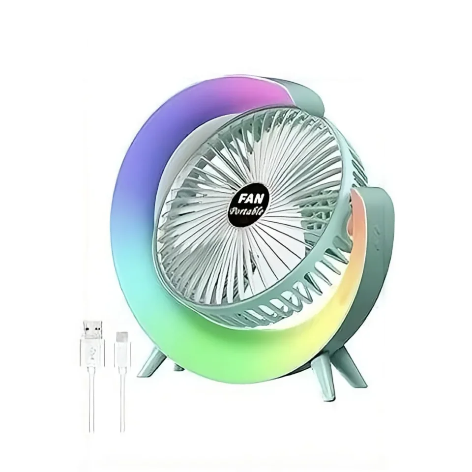 مروحة مكتب USB محمولة بإضاءة LED ملونة – 3 سرعات وهدوء فائق