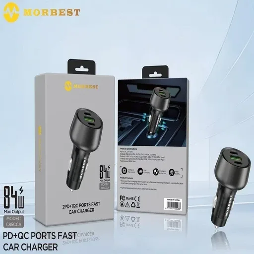 شاحن سيارة فائق السرعة MORBEST C85CCA بقدرة 84 واط وثلاثة منافذ (2PD + QC)